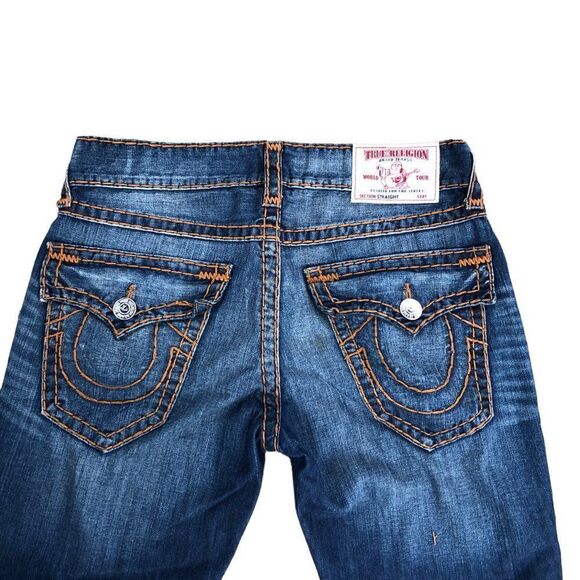 RARE Double Stitch True Religion Jeans Size 32 STRAIGHT SUPER T Blue - Picture 2 of 11